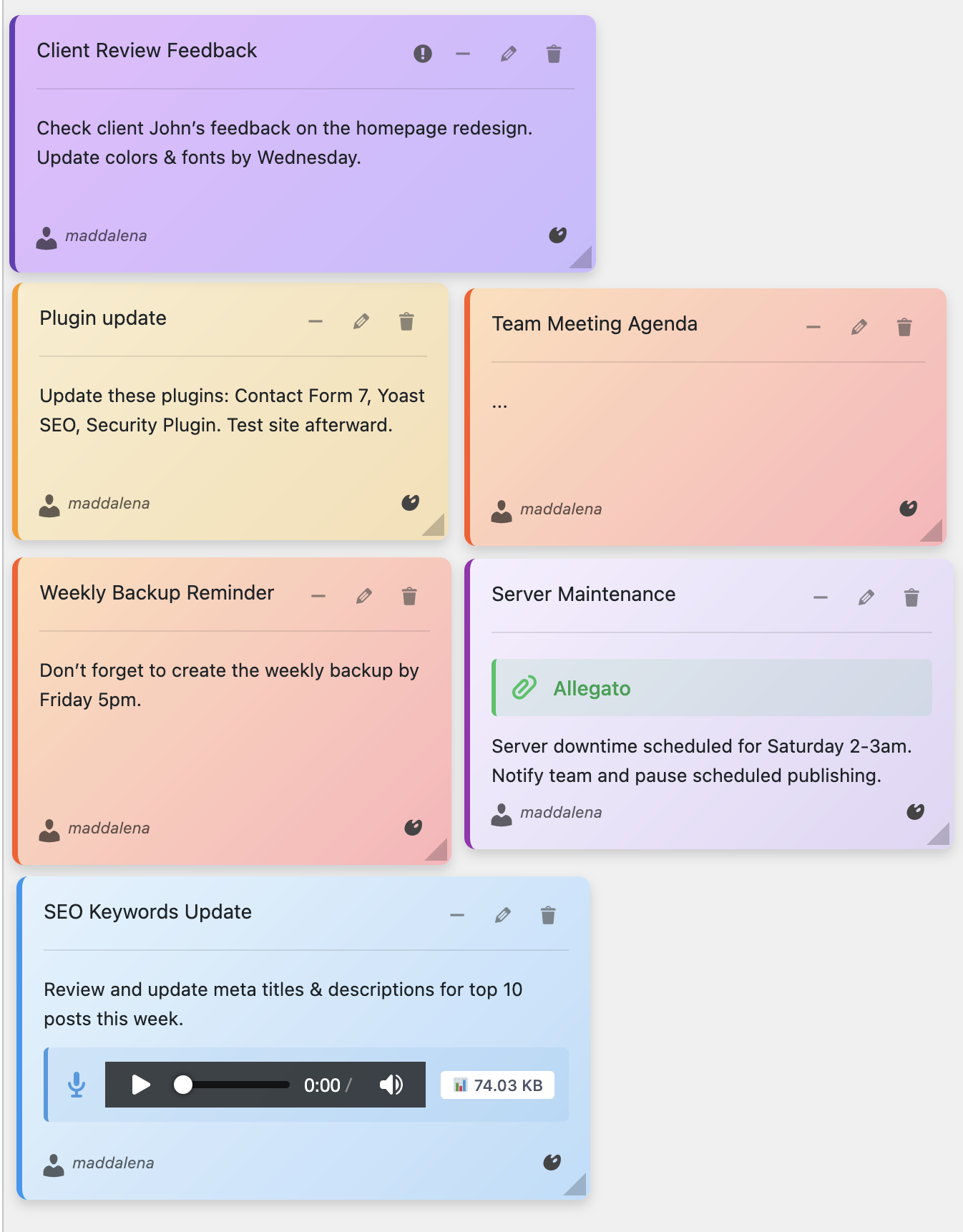 Notes with colors and categories for tasks