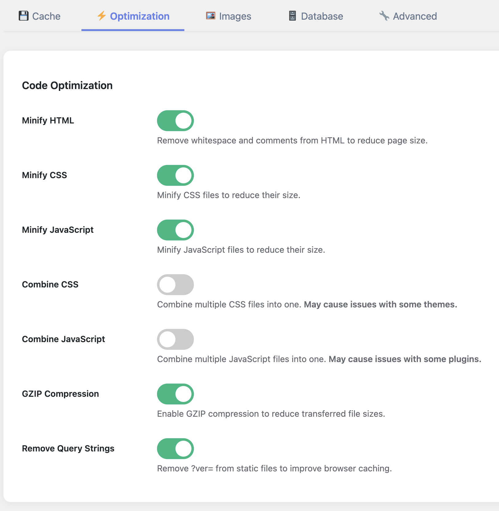 WP Turbo Optimizer Settings Interface